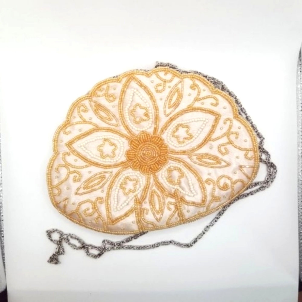Bijoux Terner Beaded Cream Satin with Chain Mini Purse Handbag